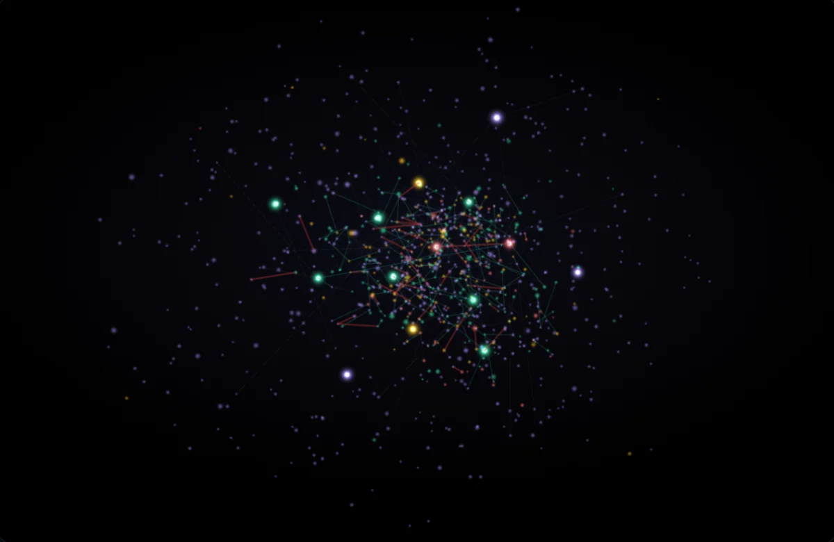 Demo of Edwin's memory graph with fictional memories: glowing points colored by the four labels Edwin shows, with lines where memories support, contradict or replace one another